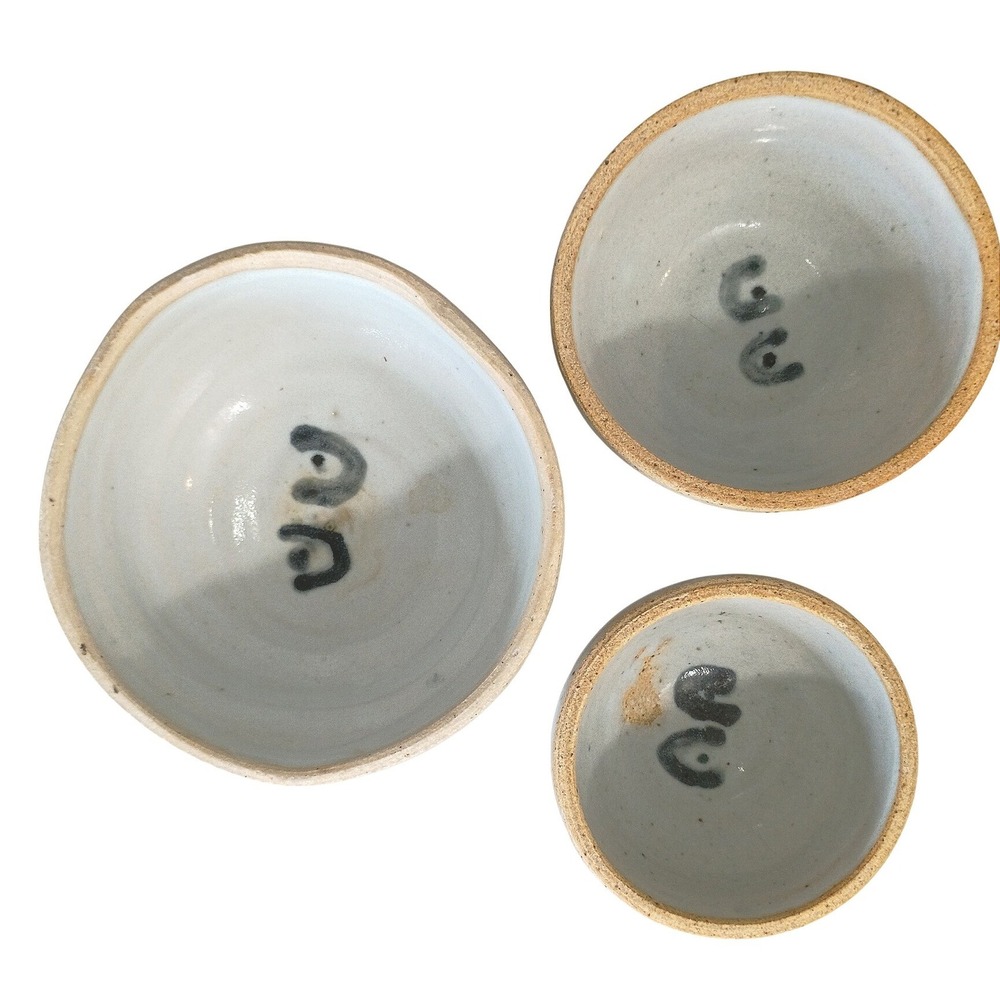 Studio Pottery Nesting Bowls Set of 3 Grey Indigo Abstract Hand Thrown Ceramic